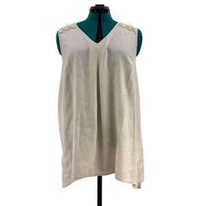 Counterparts Beige Linen Sleeveless Top with Knit Lace Shoulder Details, Large